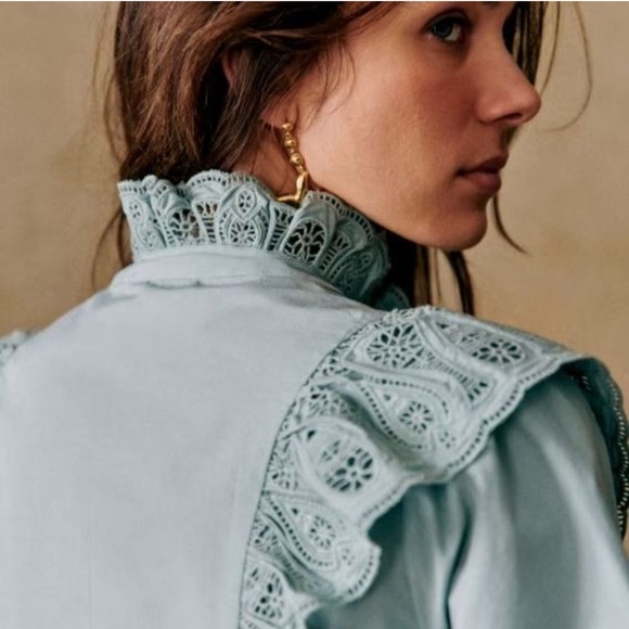 Sezane Desiree Button Down Blouse Chic Lace-Trimmed Blouse in Soft Blue - Picture 4 of 7